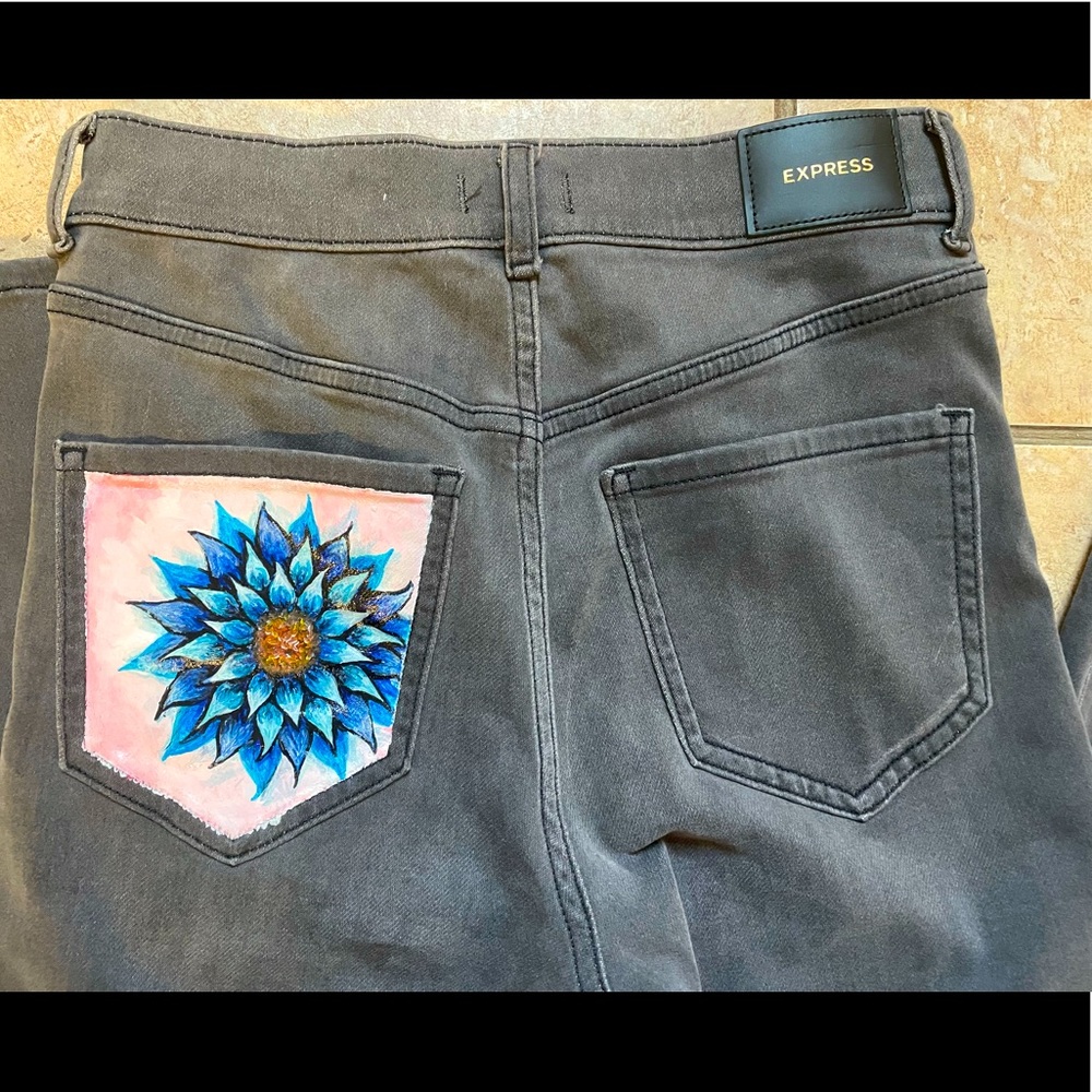 Express upcycled hand painted flare jeans
